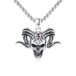 ECHOOY Totenkopf Halskette für Männer Satanische Halskette Sterling Silber Totenkopf Anhänger Dämonen Halskette Satanic Baphomet Halskette Gothic Ziegenkopf Schmuck Geschenk zum Vatertag von ECHOOY