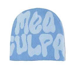 ECLUSE Y2k Damen Jacquard Strickmütze MEA Culpas Beanie Mode Vielseitige Wollmütze Herbst und Winter Anti-Kälte Warm Strickmütze, blau, One size von ECLUSE