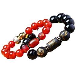 Armband, Geschenke für ihn, Feng Shui Armband aus rotem Achat, Obsidian, 12 Tierkreiszeichen, Charm-Armband, Reiki-Amulett, Glücksbringer, Abwehr des Bösen, Armband, Hund, schwarz, 14 mm ( Color : Rat von ECOLFE