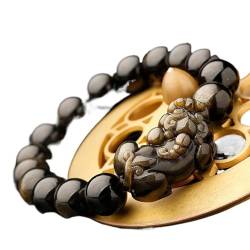 Armband, Geschenke für ihn, Feng Shui geneigter Kopf, Doppel-Pi Xiu/Pi Yao, natürliches goldenes Obsidian-Gelb-Tigerauge-Armband, Edelstein-Perlen, verstellbar, einzelnes Pixiu, 16 mm ( Color : Single von ECOLFE