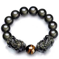 Armband, Geschenke für ihn, Feng Shui geneigter Kopf, Doppel-Pi Xiu/Pi Yao, natürliches goldenes Obsidian-Gelb-Tigerauge-Armband, Edelstein-Perlen, verstellbar, einzelnes Pixiu, 16 mm ( Color : Double von ECOLFE