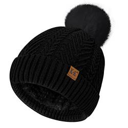 ECOMBOS Bommelmützen Damen – Wintermützen für Frauen warme Beanie-Mützen gestrickte Thermo-Fleece-Linie Mütze mit Pom für Damen Outdoor-Sport, Ski, Blacka, Einheitsgröße von ECOMBOS