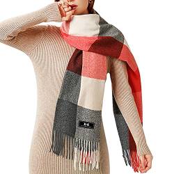 Winter-Schal, Schottenkaro, langer Schal, warme Wolle, britischer Stil, drehende Quaste, Stola für Damen, rot / weiß, 38 von ECOMBOS