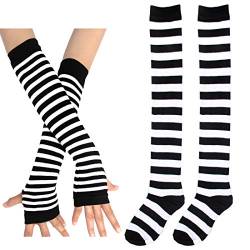 ECOSCO Damen Kniestrümpfe / Oberschenkelstrümpfe mit Regenbogenstreifen, fingerlose Handschuhe, 1 Paar Socken & 1 Paar Handschuhe-Schwarz, One size von ECOSCO