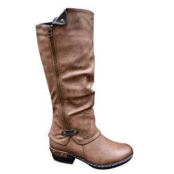 ECOSWAY Damen Western Cowboy Kniehoch Punk Stiefel, Niedriger Absatz Runder Kopf Seite Zippper Leder Stiefel, Wasserfest Kunstleder Mittlere Rohr Stiefel - Khaki, 43 von ECOSWAY