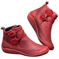 ECOSWAY Damen Winter Vintage Kurze Stiefel Leder Knöchel Frühling Flache Schuhe Casual Frau Kurze Stiefel, Rot - rot - Größe: 41 EU von ECOSWAY