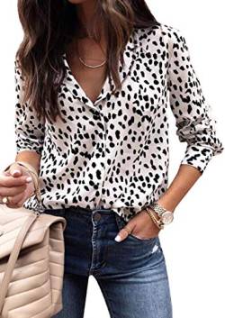 ECOWISH Damen Bluse Leopardenmuster Hemd V Ausschnitt Button Down Shirt Kragen Langarmshirt Oberteile Top 235 Weiß M von ECOWISH