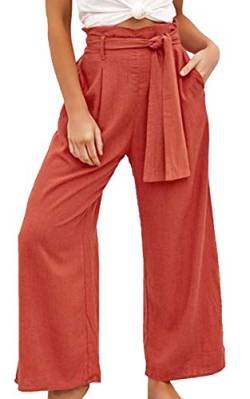 ECOWISH Damen Hosen Lang Weites Bein Sommerhose Gummibund Freizeithose mit Taschen und Gürtel Orange M von ECOWISH