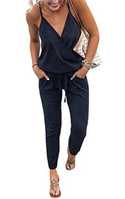 ECOWISH Damen Jumpsuit Lang V Ausschnitt Overall Sommer Ärmellos Hosenanzug Träger Playsuit Romper Schwarz M von ECOWISH