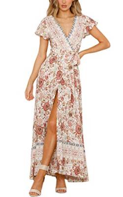 ECOWISH Damen Kleider Boho Sommerkleid V-Ausschnitt Maxikleid Kurzarm Strandkleid Lang mit Schlitz Beige M von ECOWISH