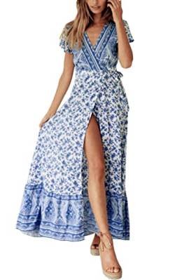 ECOWISH Damen Kleider Boho Sommerkleid V-Ausschnitt Maxikleid Kurzarm Strandkleid Lang mit Schlitz Hellblau M von ECOWISH