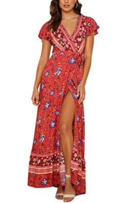 ECOWISH Damen Kleider Boho Sommerkleid V-Ausschnitt Maxikleid Kurzarm Strandkleid Lang mit Schlitz Rot M von ECOWISH