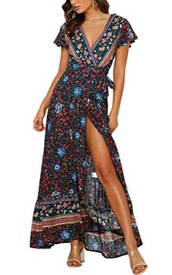 ECOWISH Damen Kleider Boho Sommerkleid V-Ausschnitt Maxikleid Kurzarm Strandkleid Lang mit Schlitz Schwarz Blau L von ECOWISH
