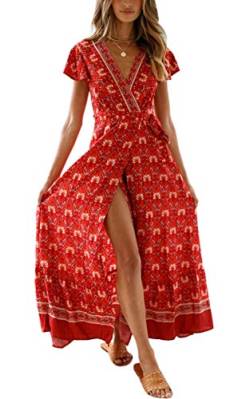 ECOWISH Damen Kleider Boho Sommerkleid V-Ausschnitt Maxikleid Kurzarm Strandkleid Lang mit Schlitz Weinrot M von ECOWISH