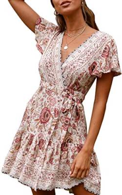 ECOWISH Damen Kleider Boho Vintage Sommerkleid V-Ausschnitt A-Linie Minikleid Swing Strandkleid mit Gürtel 045 Beige S von ECOWISH