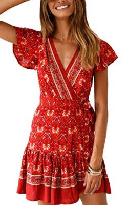 ECOWISH Damen Kleider Boho Vintage Sommerkleid V-Ausschnitt A-Linie Minikleid Swing Strandkleid mit Gürtel 045 Rot S von ECOWISH