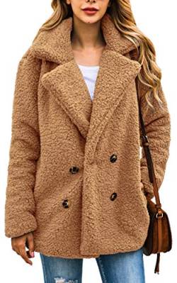 ECOWISH Damen Mantel Casual Revers Fleece Fuzzy Faux Shearling Reißverschluss Warm Winter Oversize Outwear Jacken, Kamel, EU M(38) von ECOWISH