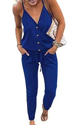 ECOWISH Damen-Overall mit V-Ausschnitt, Spaghettiträger, Kordelzug an Taille, Lange Hosen Gr. Medium, 870 Blue von ECOWISH