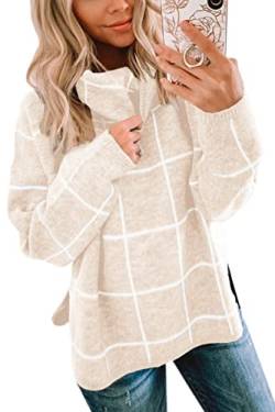 ECOWISH Damen Pullover, Rollkragenpullover, kariert, Lange Ärmel, locker, grob, kariert, gestrickt - Beige - Groß von ECOWISH