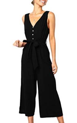 ECOWISH Damen Sommer Lang Jumpsuit Ärmellos Rückenfrei V Ausschnitt Overall Button Down Breites Bein Casual Hosenanzug mit Taschen 272 Schwarz XL von ECOWISH