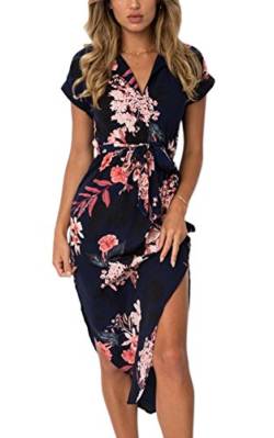 ECOWISH Sommerkleider Damen Kurzarm V-Ausschnitt Strand Blumen Kleider Abendkleid Knielang Schwarz L von ECOWISH