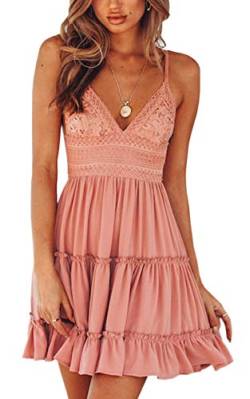 ECOWISH V Ausschnitt Kleid Damen Spitzenkleid Träger Rückenfreies Kleider Sommerkleider Strandkleider Rosa-1 S von ECOWISH