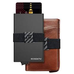 ECOZATU Minimalistische Brieftasche Kreditkartenetui Echtes Kohlefaser Leder Slim Wallets für Männer RFID-blockierende Hybrid-Geldbörse, Ölwachs Braun, Minimalistisch von ECOZATU