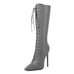 EDEFS Boots Damen Knee High Boots Sexy Stiletto Reißverschluss Spitze Zehenkappe Winter Damen Stiefel Grau EU37 von EDEFS