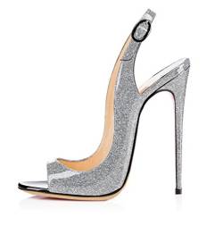 EDEFS Damen Open Toe Sandaletten High Heel Lack Schuhe mit Schnalle Silber EU37 von EDEFS