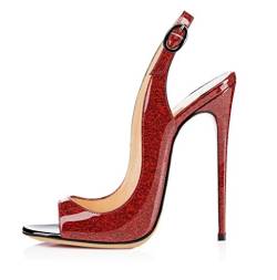 EDEFS Damen Peep Toe Slingback Sandaletten Stiletto Absatz Sommer High Heel Schuhe Rot EU38 von EDEFS