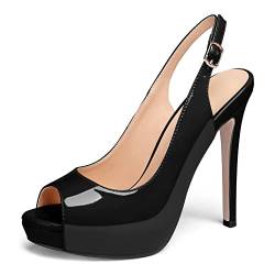 EDEFS Damen Plateau High Heel, Slingback Heels, Peep Toe, Sandalen mit Absätzen,Komfort Pumps für Party Lackleder Schwarz EU36 von EDEFS