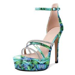 EDEFS Damen Plateau High Heels Sandaletten Riemchensandalen Stiletto Absatz Blume-Grün EU40 von EDEFS