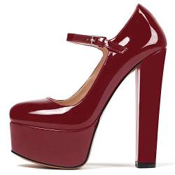 EDEFS Damen Plateau Pumps,Damen Comfort Fashion Pumps,Frauen Riemchen Pumps mit Blockabsatz,Burgundy EU43 von EDEFS