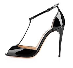 EDEFS Damen Sandalen High Heels 10cm Stiletto mit Riemchen T-Spangen Peep Toe Sommer Schuhe Schwarz Größe EU39 von EDEFS