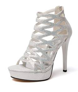 EDEFS Damen Sandalen Plattform Roman Riemchen Stilettos Diamant Reißverschluss Hohle 12CM High Heels, Silber Größe EU35 von EDEFS