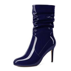 EDEFS Damen Stiefel Pfennigabsatz Runde Zehe Stiefel Seitenreißverschluss Stiefelette Navy Hochzeit Formal Lack Boties 3.4Inch/8.5cm Größe EU39 von EDEFS