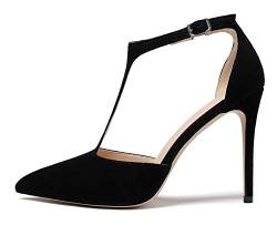 EDEFS Damen T-Spangen Pumps,High Heel Riemchen Schuhe,Damen Spitze Elegant Sandalen Black Suede EU45 von EDEFS