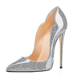 EDEFS Damenschuhe Spitze Zehen Stiletto Pumps für Party Hochzeit Übergröße Shoes Glitzern Silber EU45 von EDEFS