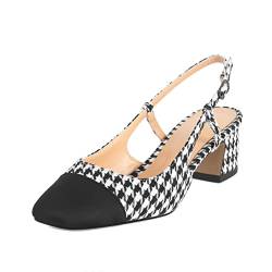 EDEFS Pumps Blockabsatz Damen Slingback Schnalle Eckige Zehenkappe 5CM Sexy Hochzeit Büro Schuhe Houndstooth EU39 von EDEFS