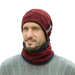 EDIACE XBCBOY Herren Winter Beanie Mütze Schal Set Warmes Fleece Gefütterte Strick Skimützen Slouchy Skull Cap für Unisex Geschenk-Weinrot von EDIACE