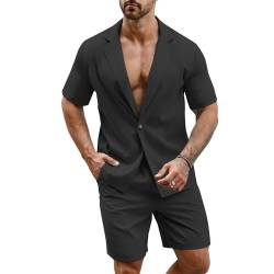 EDITCOZY Herren Hawaiihemd Sets Kurzarmhemd Strand Sommer Shorts Kordelzug Taille Anzüge Outfits 2 Stück Shorts Strandhemd Schwarz M von EDITCOZY