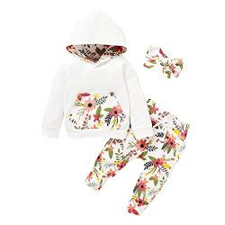EDOTON Baby Mädchen Outfit 2 Stücke Set Gestreifte Blumen Hoodies mit Tasche Top + Lange Hosen Sweatshirt Outfit Kleidung (3-6 Monate, Weiße Blumen) von EDOTON