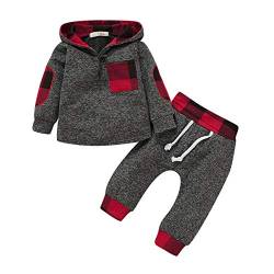 EDOTON Baby Mädchen Outfit 2 Stücke Set Gestreifte Blumen Hoodies mit Tasche Top + Lange Hosen Sweatshirt Outfit Kleidung (6-12 Monate, Rotes Gitter) von EDOTON