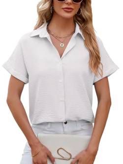 EDOTON Damen Bluse V-Ausschnitt Kurzarm Tunika Hemden Elegant Casual Arbeit Oberteile mit Knöpfen Lose Tops Blusenm (M,weiß) von EDOTON