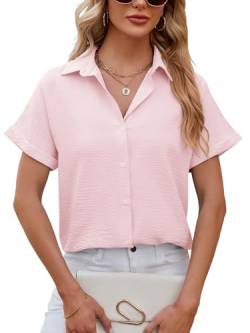 EDOTON Damen Bluse V-Ausschnitt Kurzarm Tunika Hemden Elegant Casual Arbeit Oberteile mit Knöpfen Lose Tops Blusenm (S,Rosa) von EDOTON