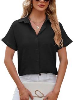 EDOTON Damen Bluse V-Ausschnitt Kurzarm Tunika Hemden Elegant Casual Arbeit Oberteile mit Knöpfen Lose Tops Blusenm (S,schwarz) von EDOTON