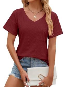 EDOTON Damen Tshirt Kurzarm Bluse V Ausschnitt Bluse Langarm Tops Herbst Winter Casual Solide Tunika Damen (L,X Weinrot) von EDOTON