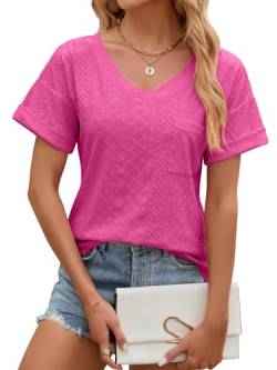 EDOTON Damen Tshirt Kurzarm Bluse V Ausschnitt Bluse Langarm Tops Herbst Winter Casual Solide Tunika Damen (M,X Barbie rosa) von EDOTON