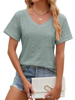 EDOTON Damen Tshirt Kurzarm Bluse V Ausschnitt Bluse Langarm Tops Herbst Winter Casual Solide Tunika Damen (M,X Dunkelgrün) von EDOTON