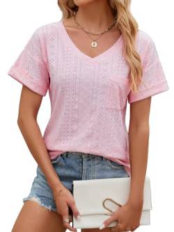 EDOTON Damen Tshirt Kurzarm Bluse V Ausschnitt Bluse Langarm Tops Herbst Winter Casual Solide Tunika Damen (M,X Rosa) von EDOTON